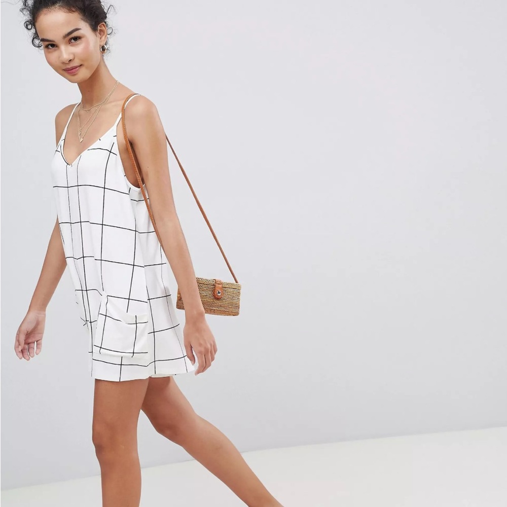 ASOS DESIGN minimal romper with pockets in white check print